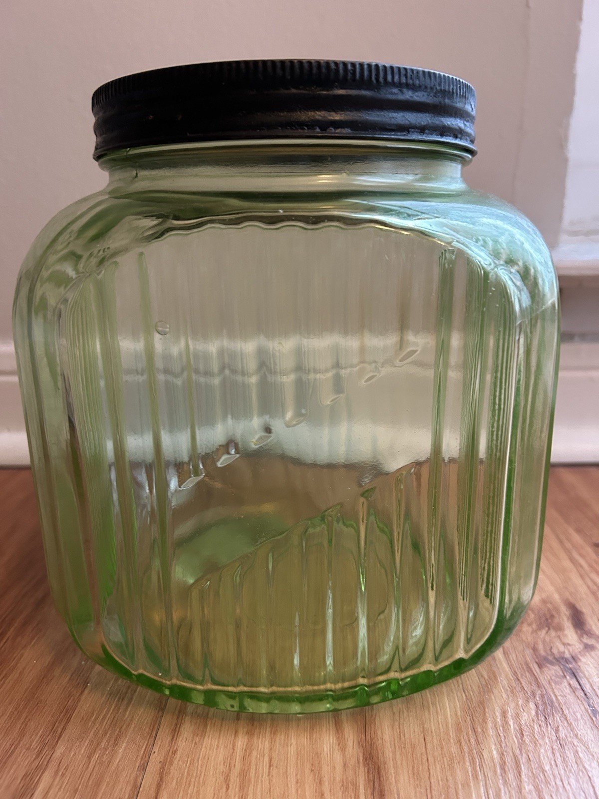 Vintage Green Depression Glass Ribbed Cookie Jar 1930's