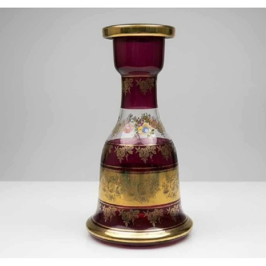 Antique Bohemian Glass Hookah Base Amethyst Floral Enamel & Gold Decorative