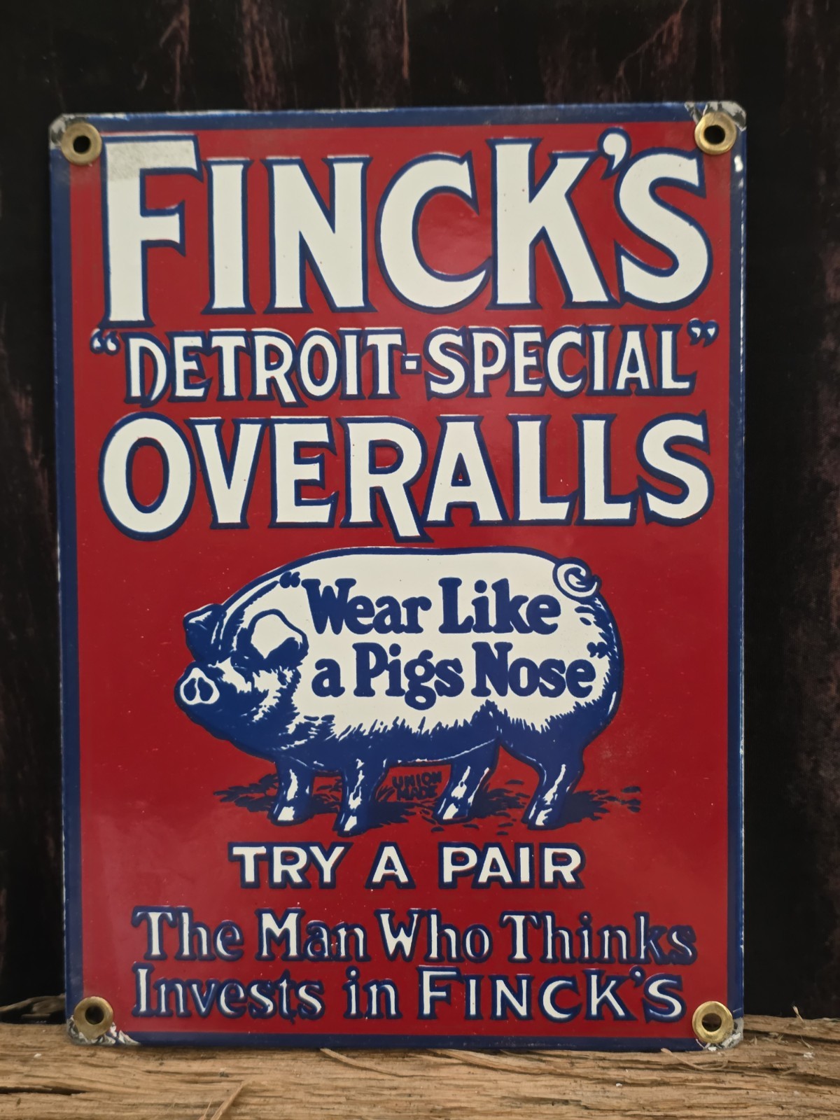 VINTAGE FINCK’S DETROIT-SPECIAL OVERALLS PORCELAIN SIGN ABOUT 9