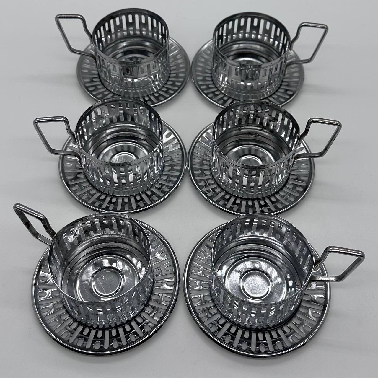 Vintage Miniature Metal Tea Glass Holders Set of 6 with Saucers 12 Pieces