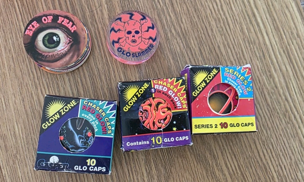 Vintage 1990s Glo Caps Original Boxes Red Glow Variants Glo Slammer