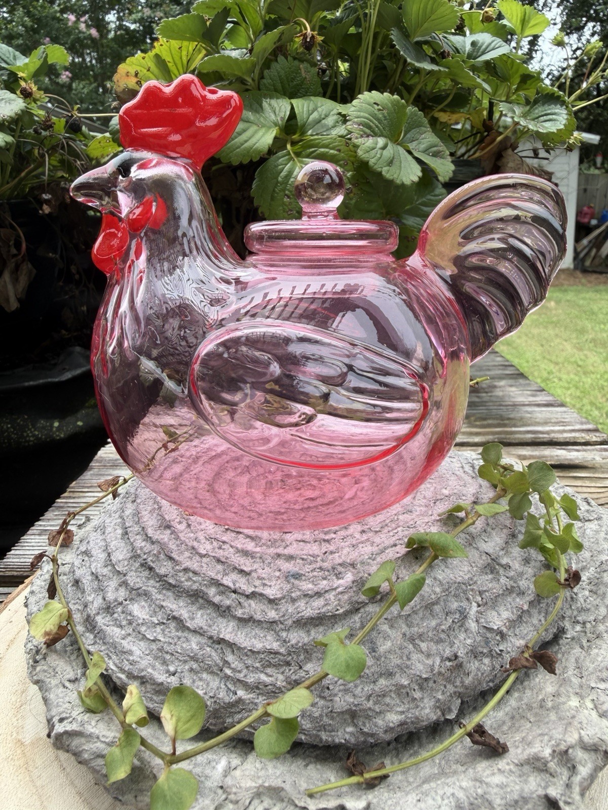 Pink Glass Rooster Hen Covered Candy Dish Trinket Jar Chicken Farmhouse Decor