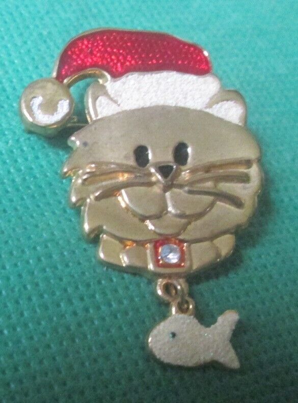 Christmas Kitty CAT goldtone head in Santa Hat Dangle Fish Brooch Pin 2\
