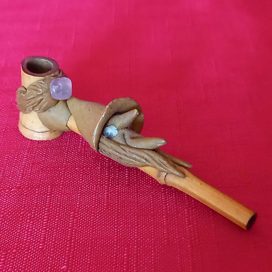 CHARMING/VINTAGE HANDMADE POTTERY & WOOD 'WITCH' DESIGN SMOKING PIPE