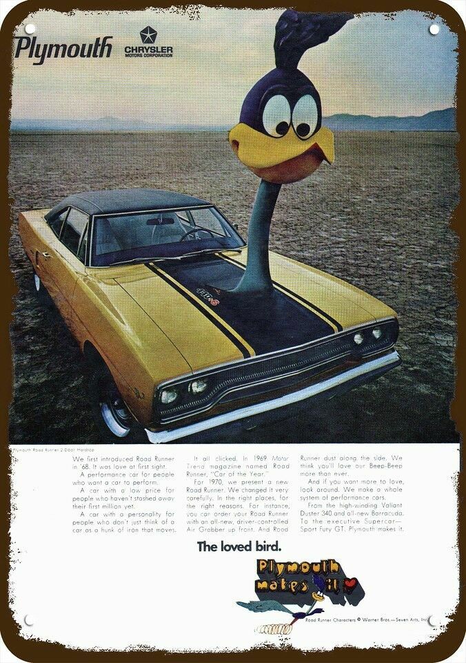 1970 PLYMOUTH ROAD RUNNER Car LOVED BIRD Vntg-Look DECORATIVE REPLICA METAL SIGN
