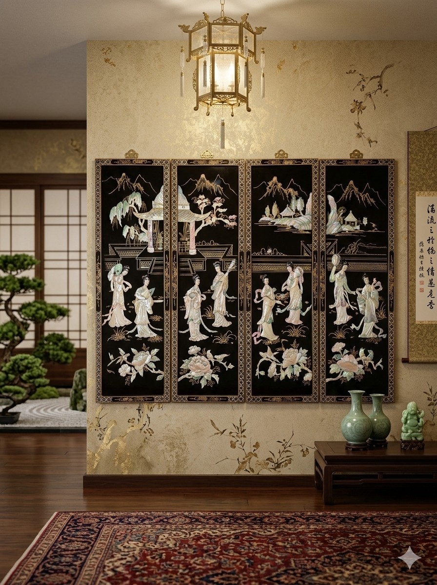 Japanese Black Lacquer MOP HP gold Inlaid Geishas Wall Panels Set of 4 C. 20th C