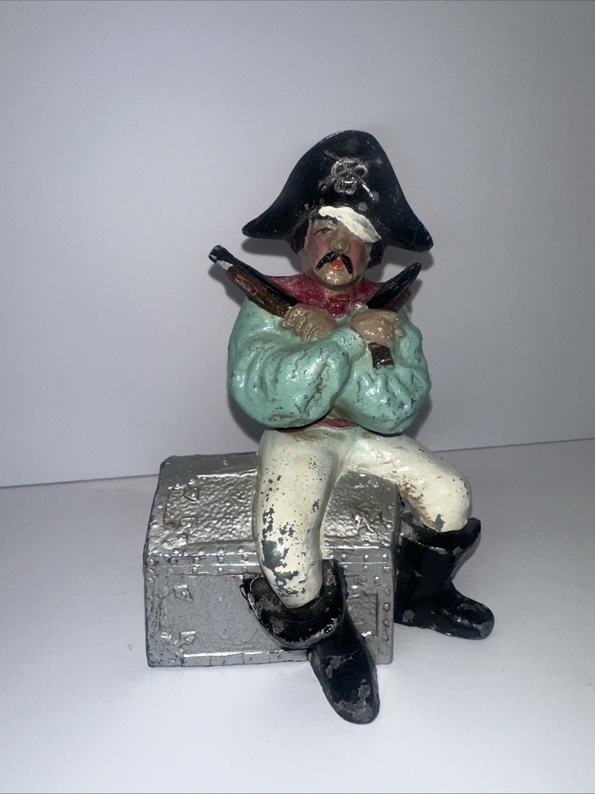 Vintage Cast Metal Pirate On Treasure Chest Hand Painted Coin Bank Missing Plug