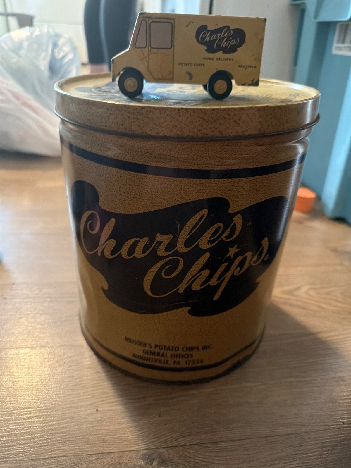 Vintage 1970s Charles Chips Potato Chip Tin w/lid 16 Oz and Charles Chips Toy