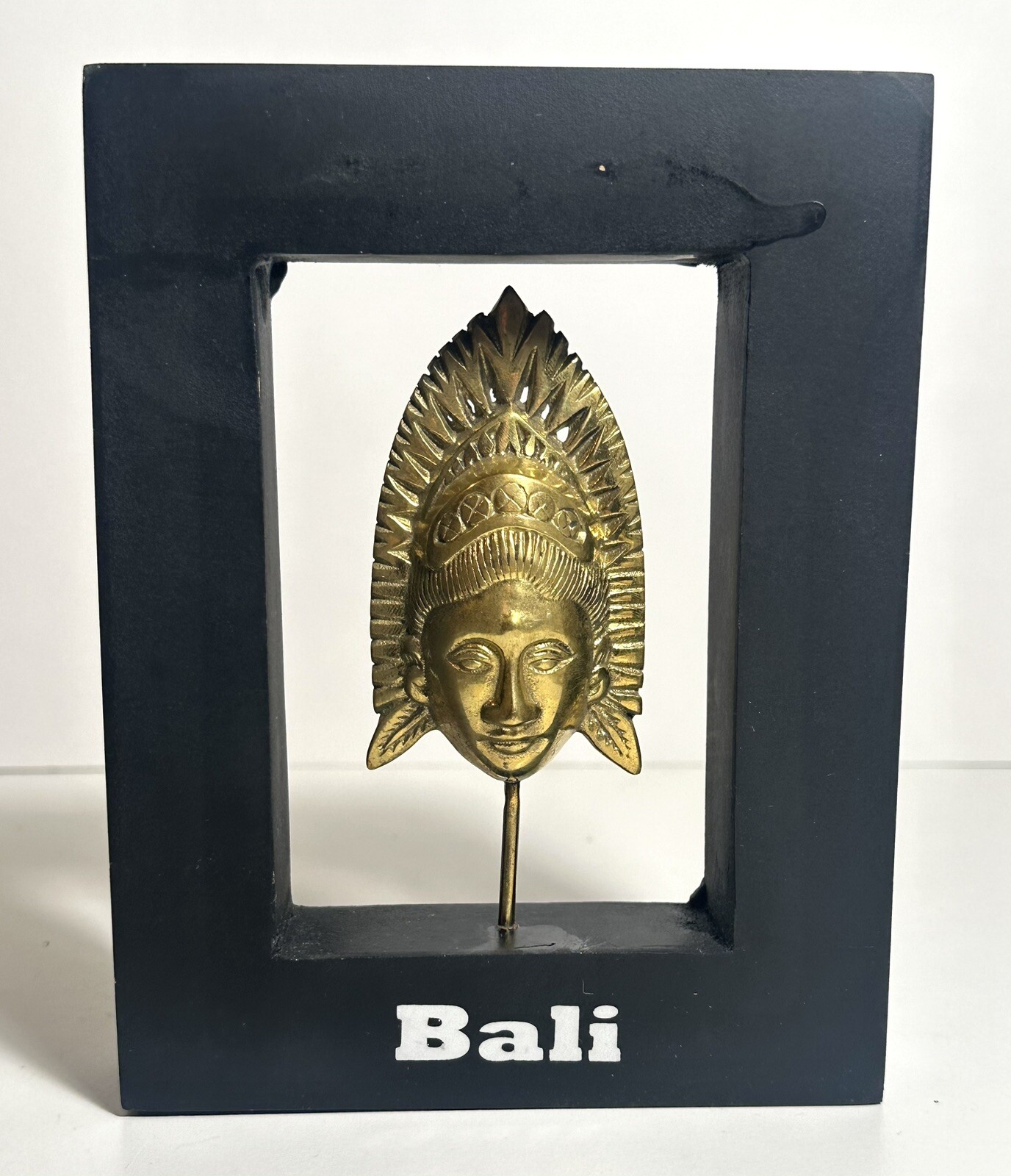 Indonesian Art Bali Brass Head In Black Frame Traditional Headdress Wall Hanging