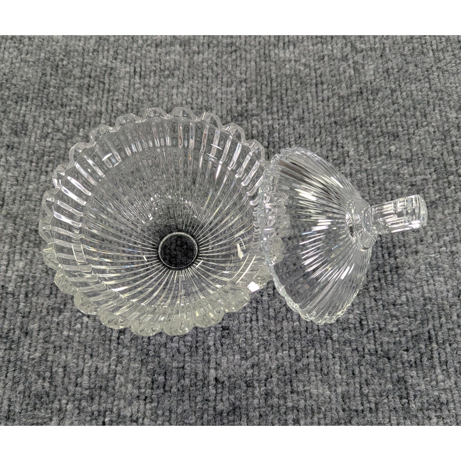 Vintage Mikasa Clear Ribbed Crystal Candy Dish with Lid Scalloped Edge Art Deco