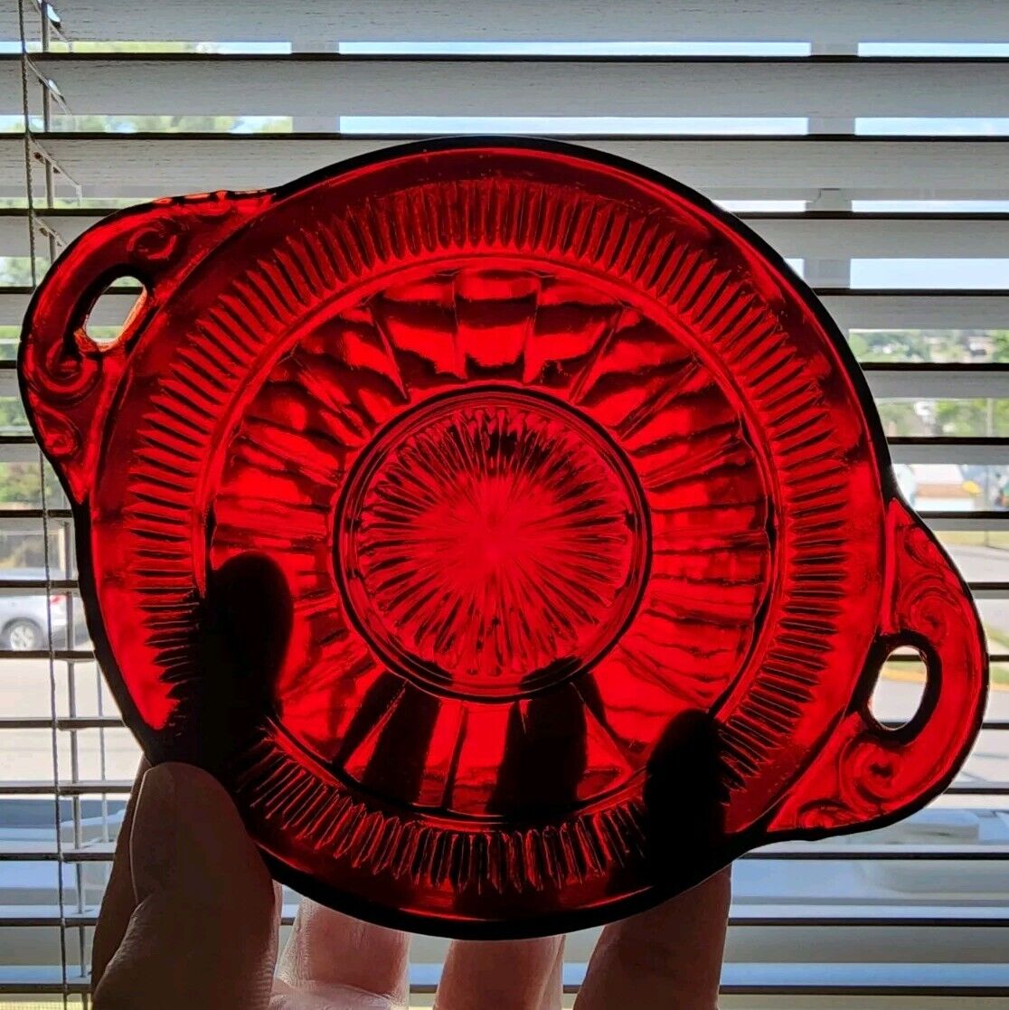 Vintage Red Ruby Glass Ribbed Patterned Candy Pickle Dish Bowl Swirl Handle
