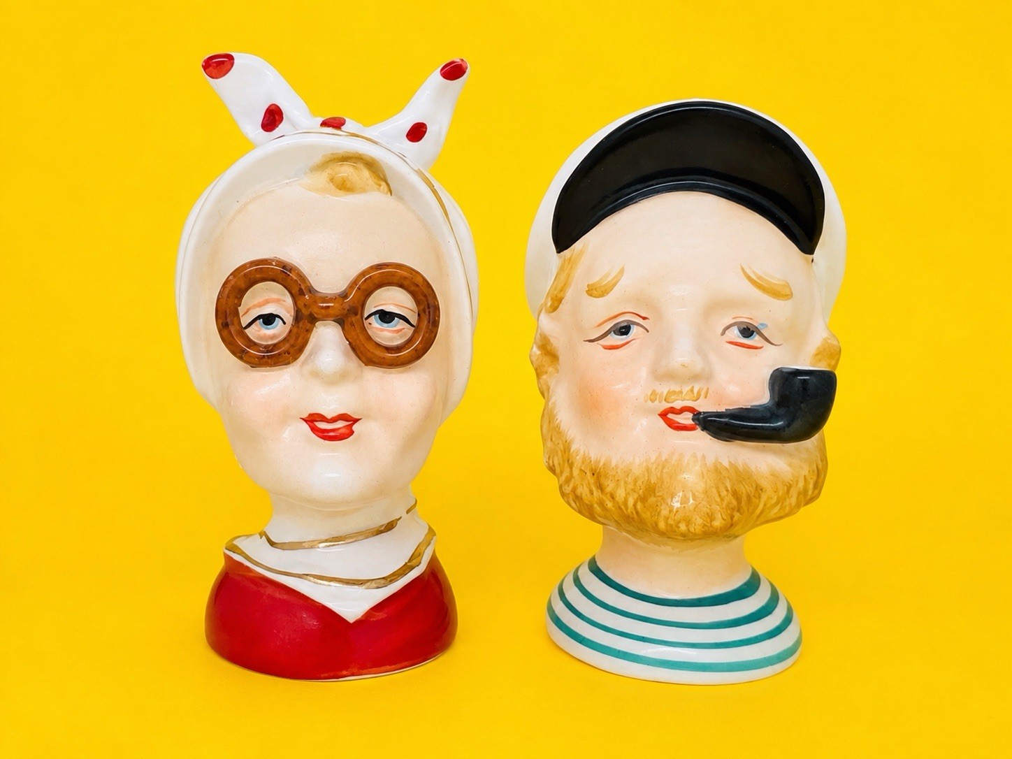 Vintage Sailor & Lady Ceramic Head Bust Figurines Pipe Glasses MCM Kitsch Japan