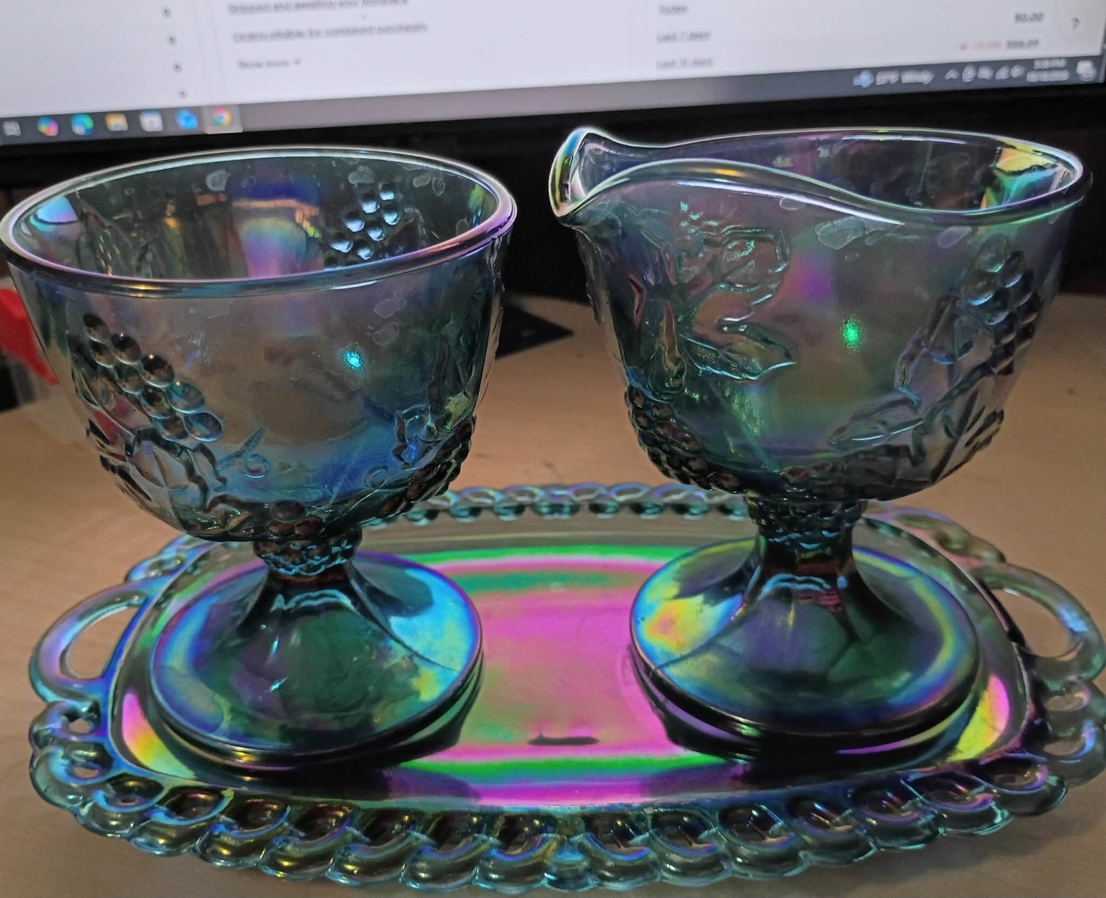 Vtg Indiana Glass Blue Carnival Harvest Grape 3 Pc Cream & Sugar Set with Tray Vtg Indiana Glass Blue Carnival Harvest Grape 3 Pc Cream & Sugar Set with Tray