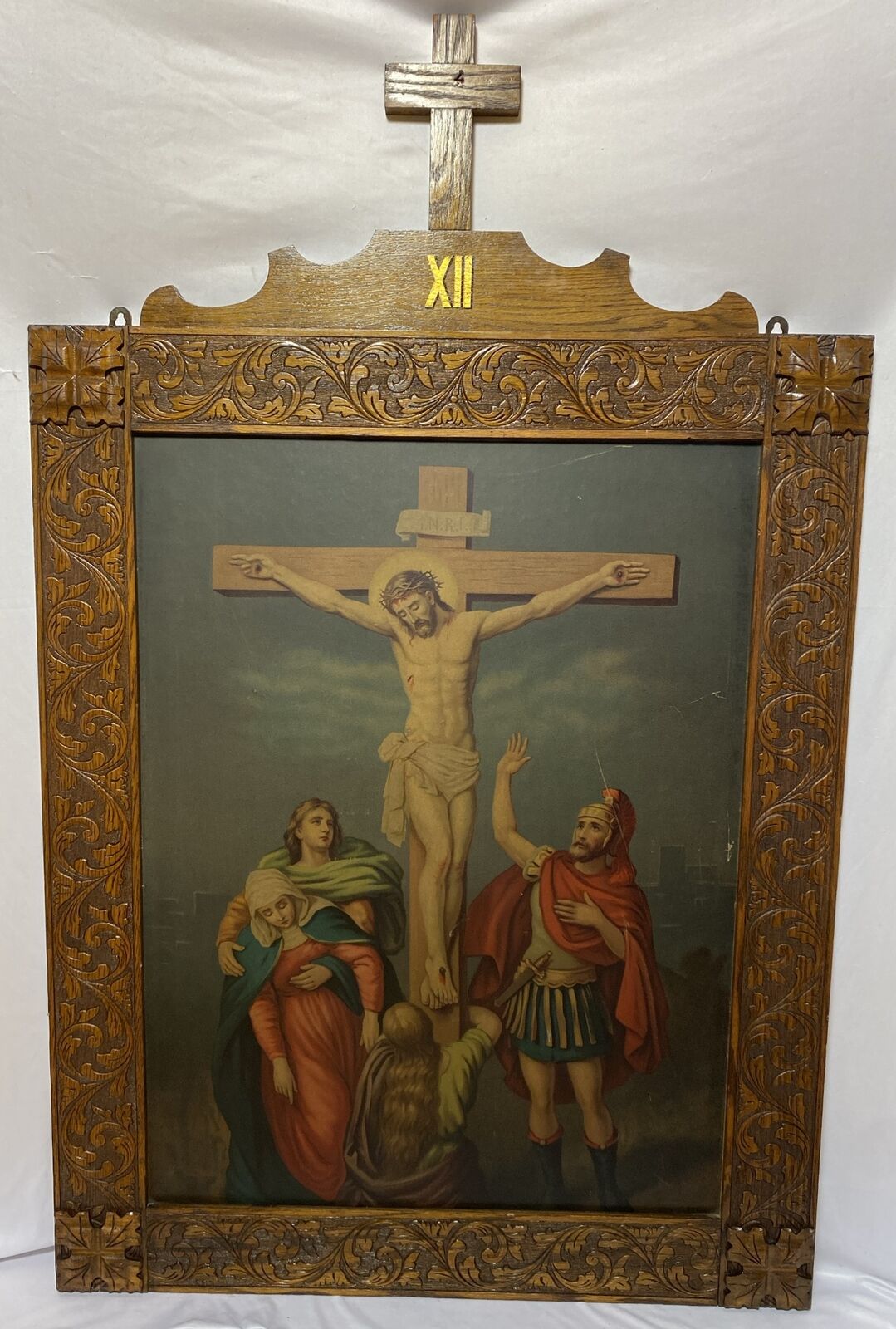 Antique VTG 12th Stations of the Cross XII Crucifixion Print Carved Oak Frame