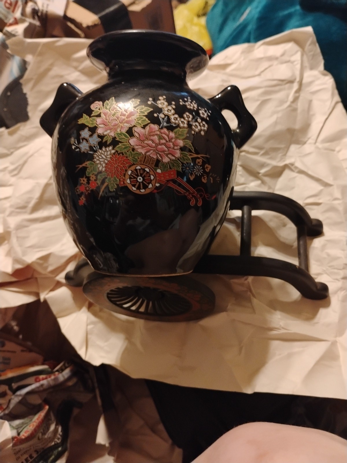 Vintage Ceramic Black Asian Style Vase With Flower Pattern