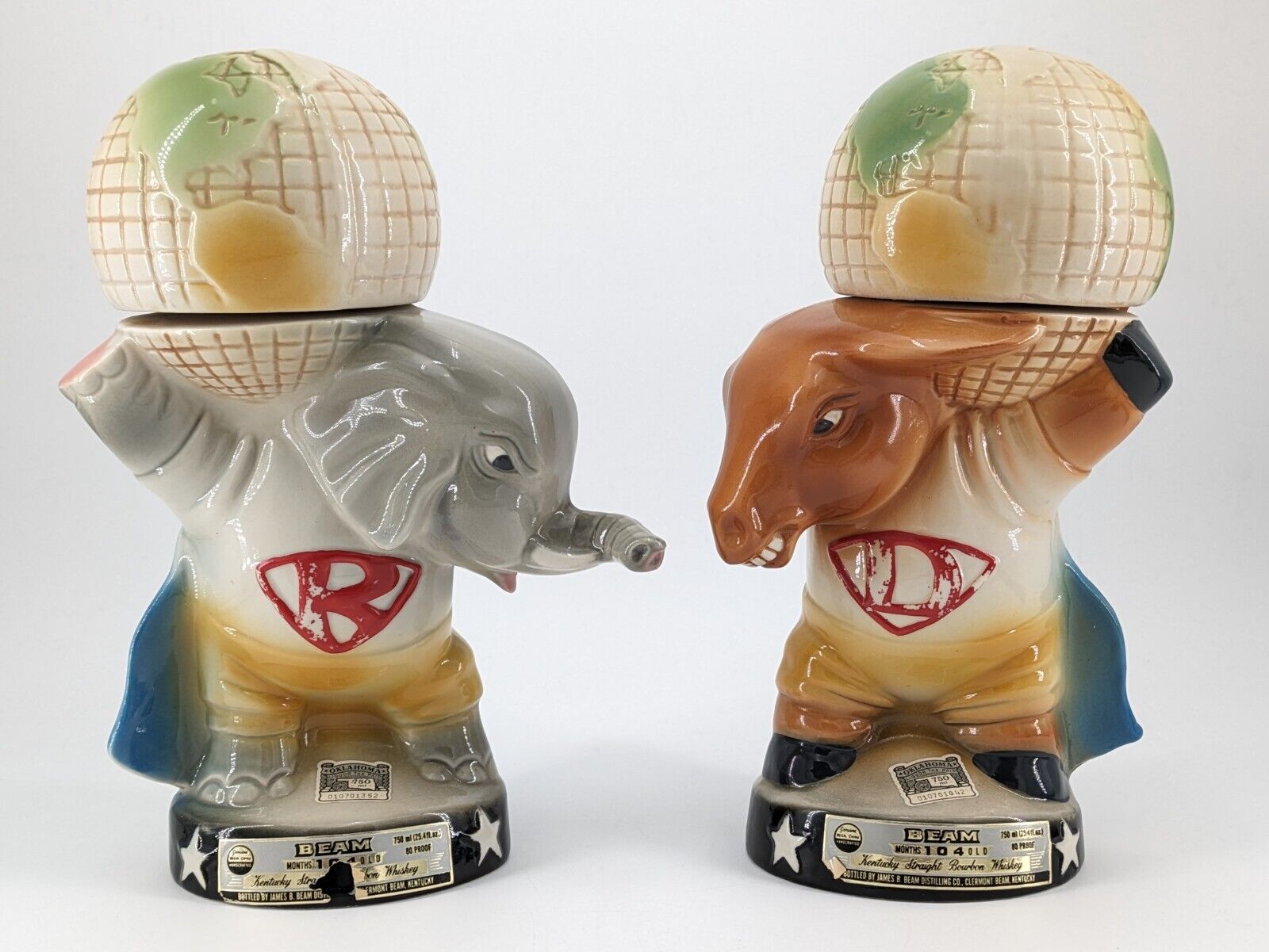 Vintage Jim Bean Pair of Decanters Republican Elephant & Democrat Donkey Empty 