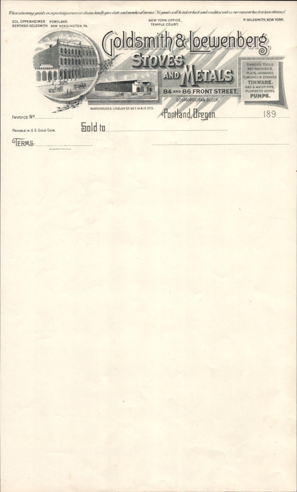 1890s GOLDSMITH & LOEWENBERG STOVES antique billhead stationery PORTLAND, OREGON