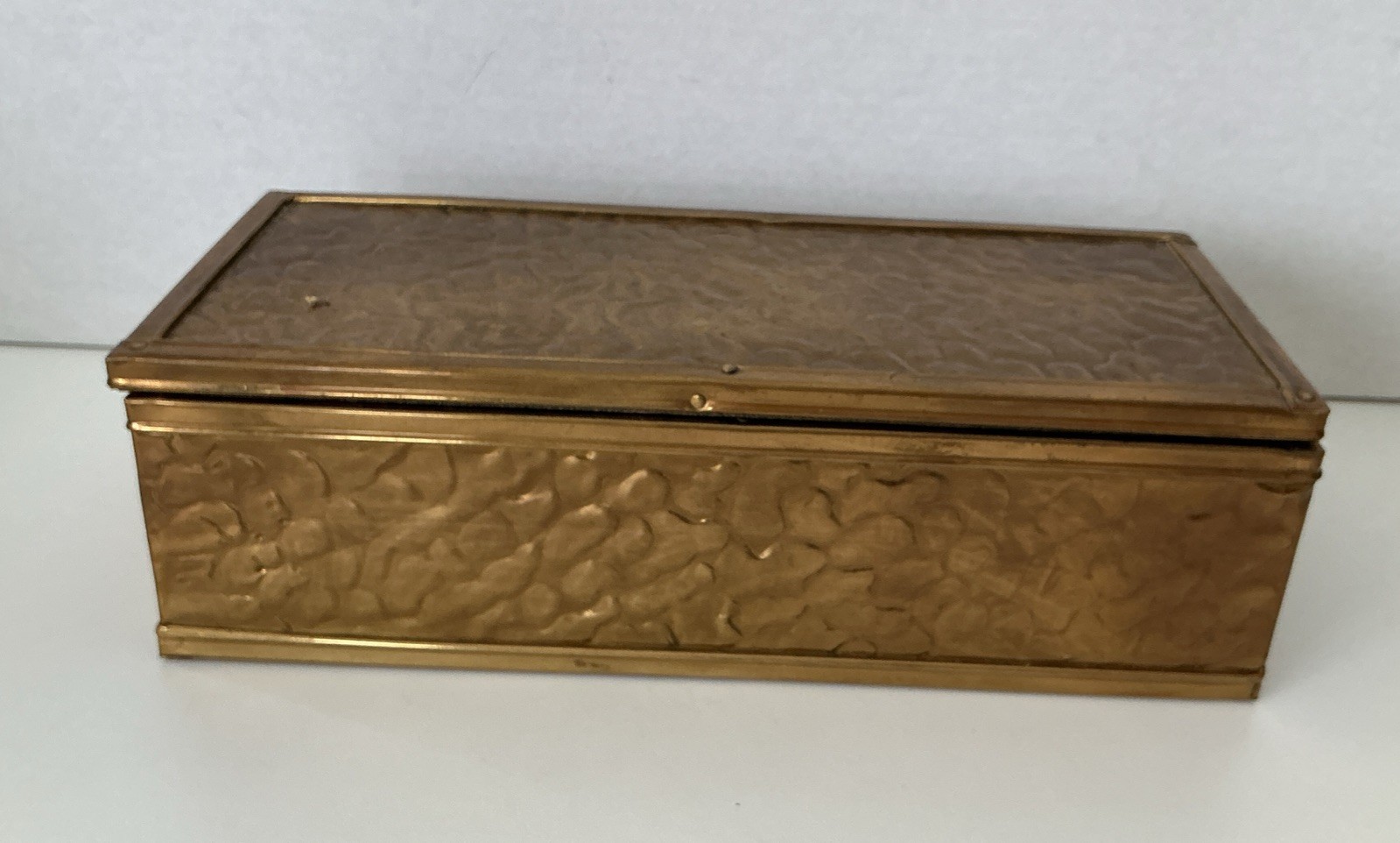 Vintage English Embossed Brass Box Wood Lined Lidded 12” Large Matches Gloves