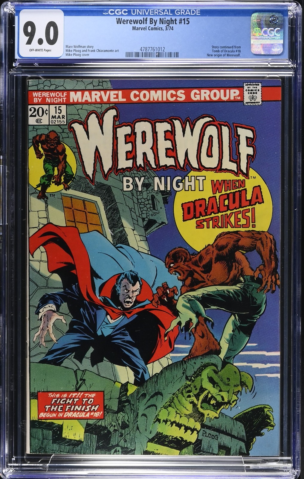 🐺 Werewolf By Night #15 CGC 9.0 OW Marvel 1974 Dracula Crossover Mike Ploog