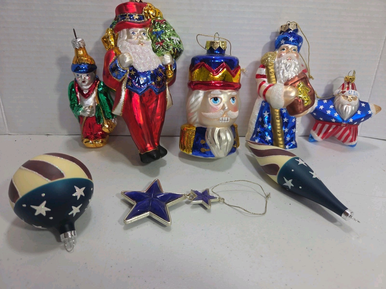8 vtg Blown Glass PATRIOTIC Christmas Ornament Santa Nut Cracker Star RADKO