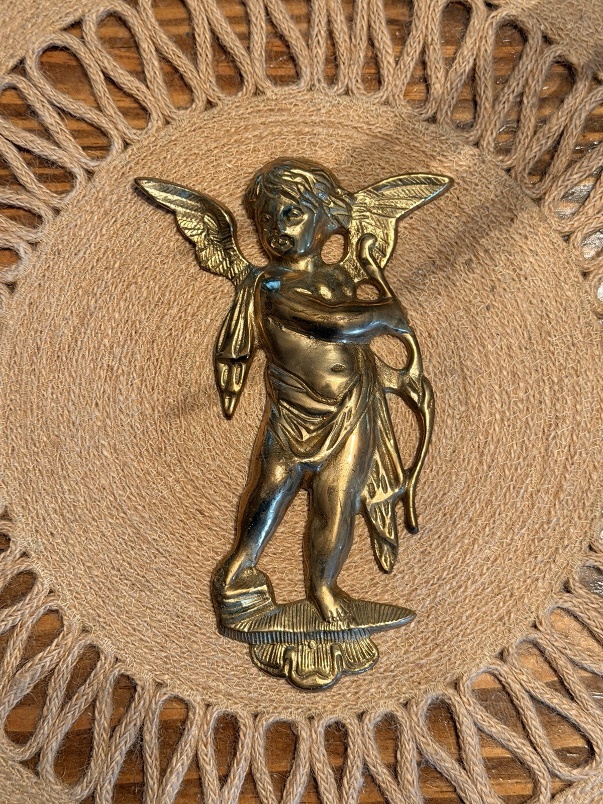 Vintage Solid Brass 7”  Cherub Angel With Bow Wall Hanger