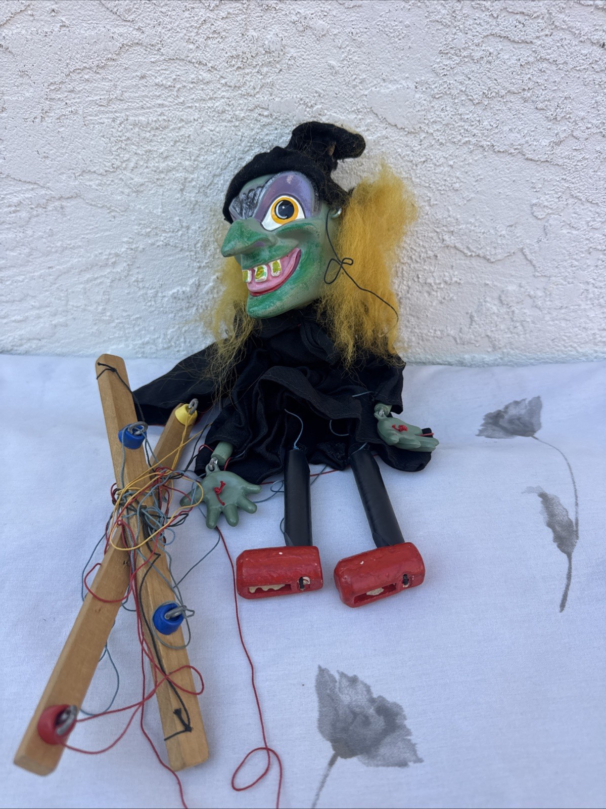 Vintage Pelham Marionette Puppet SL 10 Wicked Witch Green Black Wooden Halloween