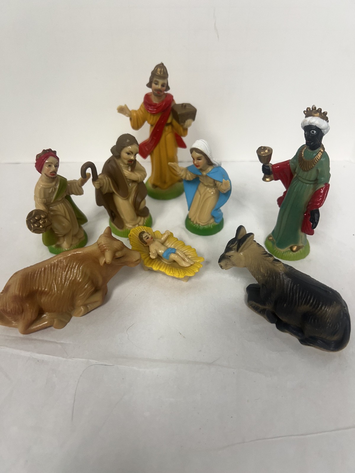 Nativity Figures Vtg Hard Plastic/celluloid? Hand painted 8 Lot Christmas VG