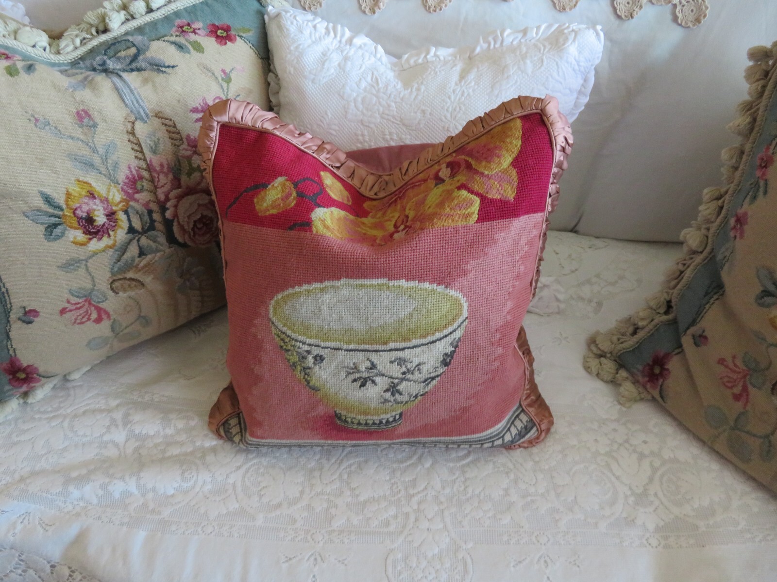 Aubusson style Petite Point Needlepoint Pillow Cover Victorian Floral PINK Asian Aubusson style Petite Point Needlepoint Pillow Cover Victorian Floral PINK Asian