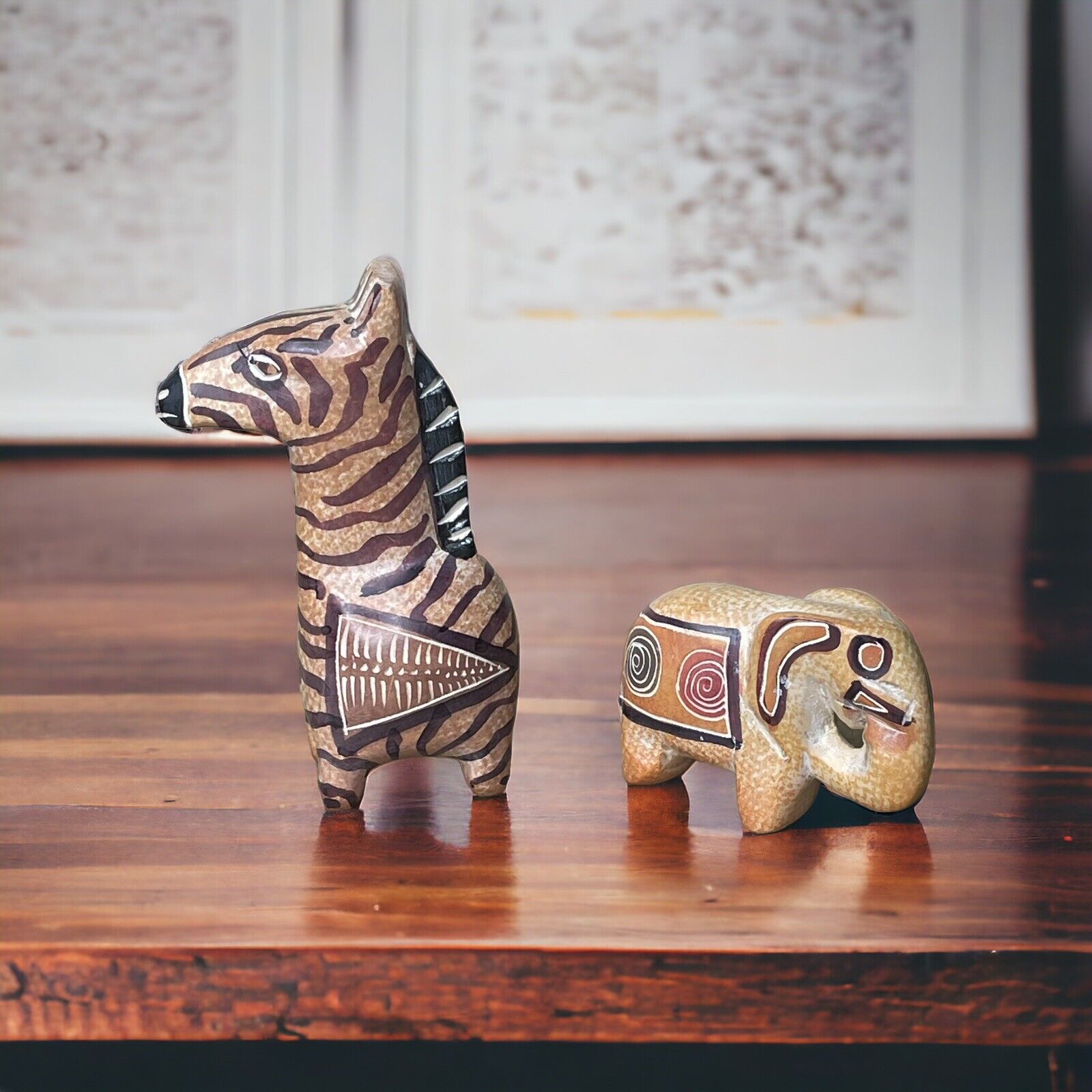 Carved Hand Painted Stone Animal Figures Elephant & Giraffe Set of 2