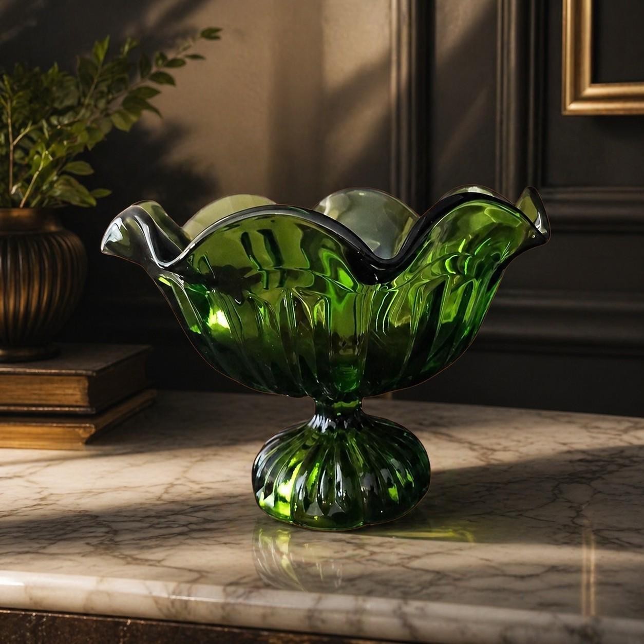 Compote Vintage Green Glass Pedestal Dish Ribbed Design, Footed Centerpiece