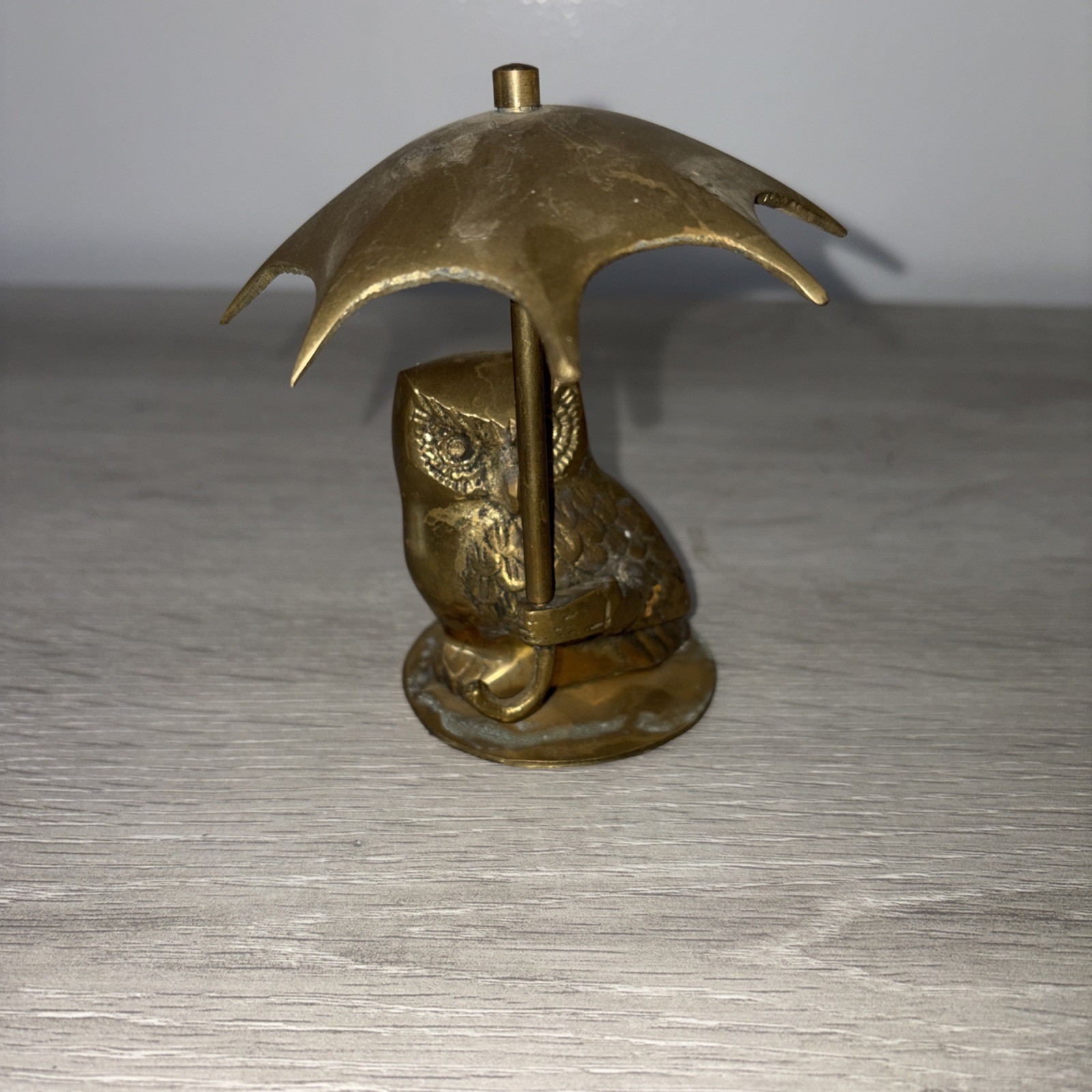 Vintage Brass Owl Figurine Holding Umbrella Made in Korea MCM