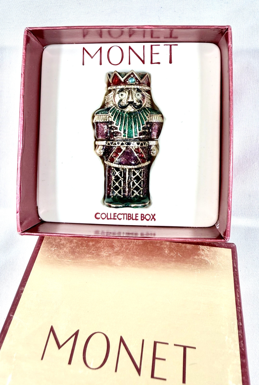 Vintage Monet Nutcracker Trinket Box Enamel Rhinestone Collectible NIB 