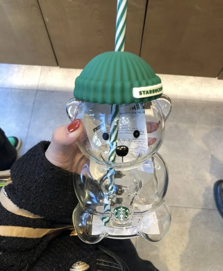 Starbucks Teddy Bear Barista Green Hat Glass Cold Cup 20oz USA 2026 Collectible