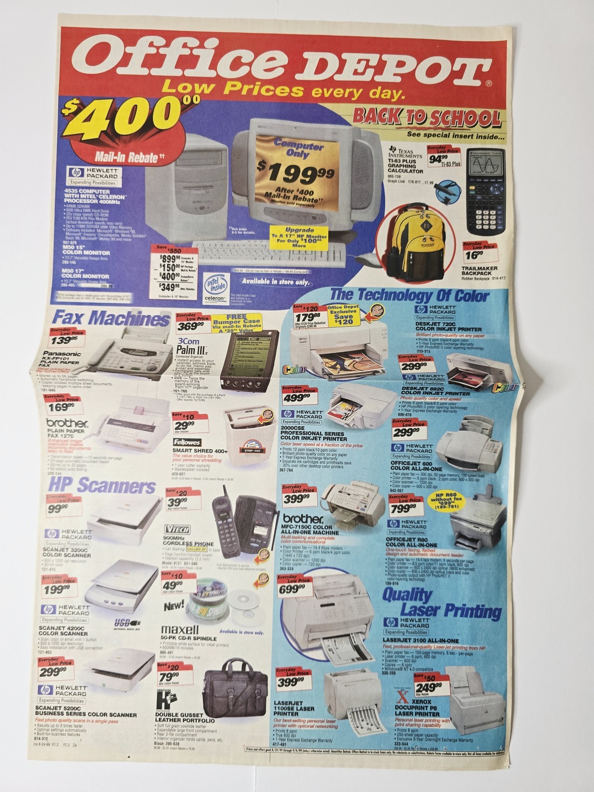 Office Depot 1999 Back to School HP Brother Palm 6 Page Newspaper Circular
