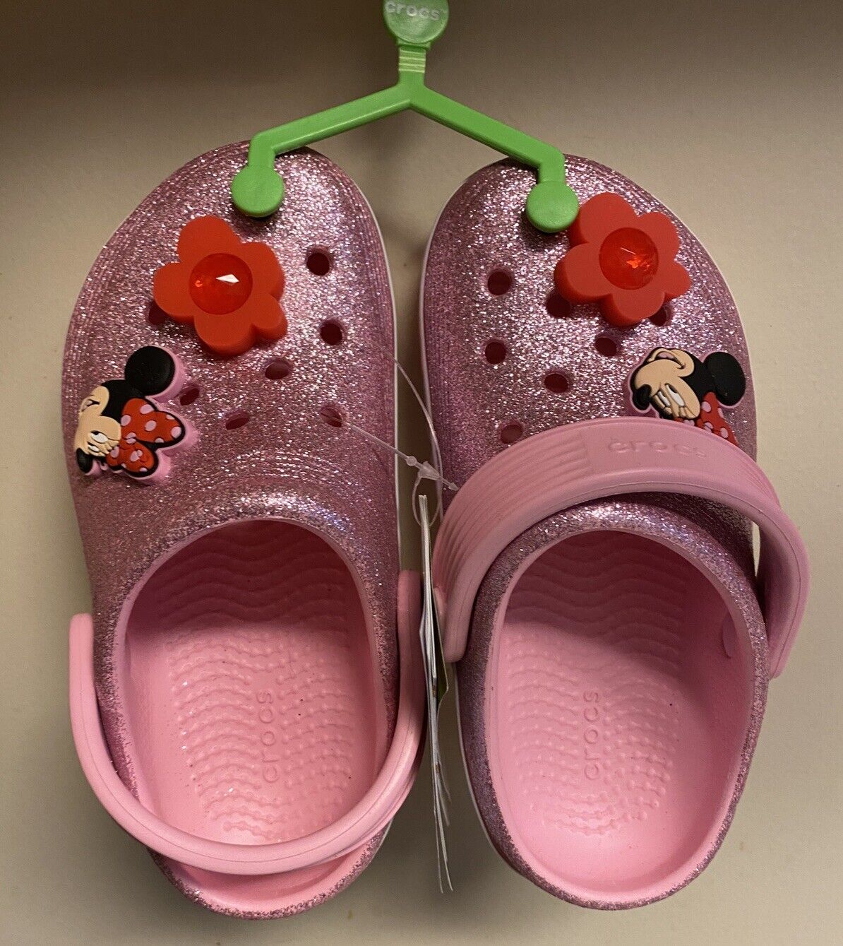 Disney Minnie Mouse Pink Sparkle Light Up CROCS Girls Clogs Child Size 7 - NEW