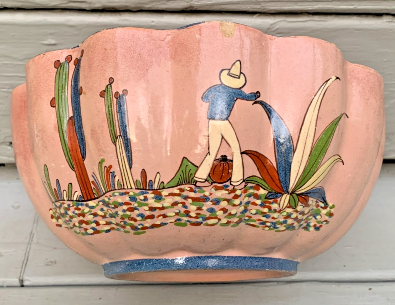 Rare Talavera Pink Vintage Tlaquepaque Tonala Redware Terracotta Bowl scalloped