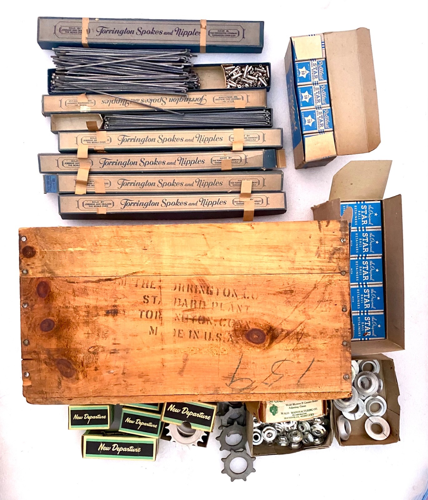 NOS 1940s TORRINGTON, NEW DEPARTURE, MORROW, BICYCLE PARTS SCHWINN, ORIG CRATE