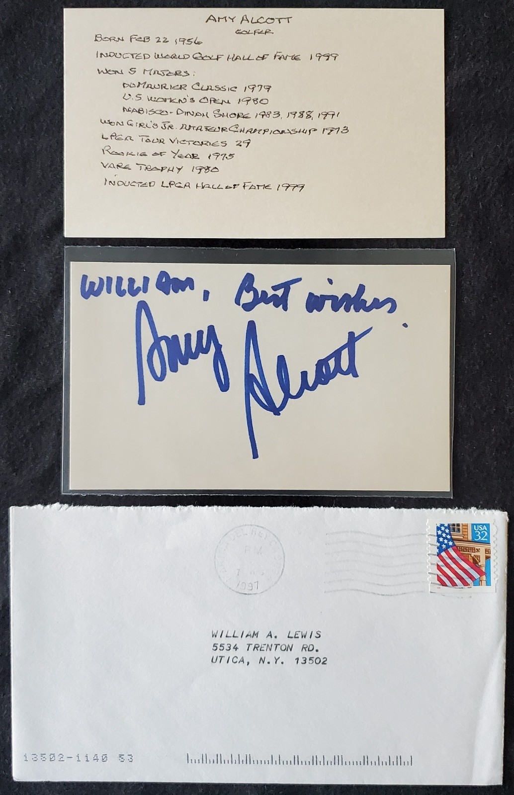 Amy Alcott Autograph LPGA HOF 5 Majors Junior Champion 3x5 Card + Envelope