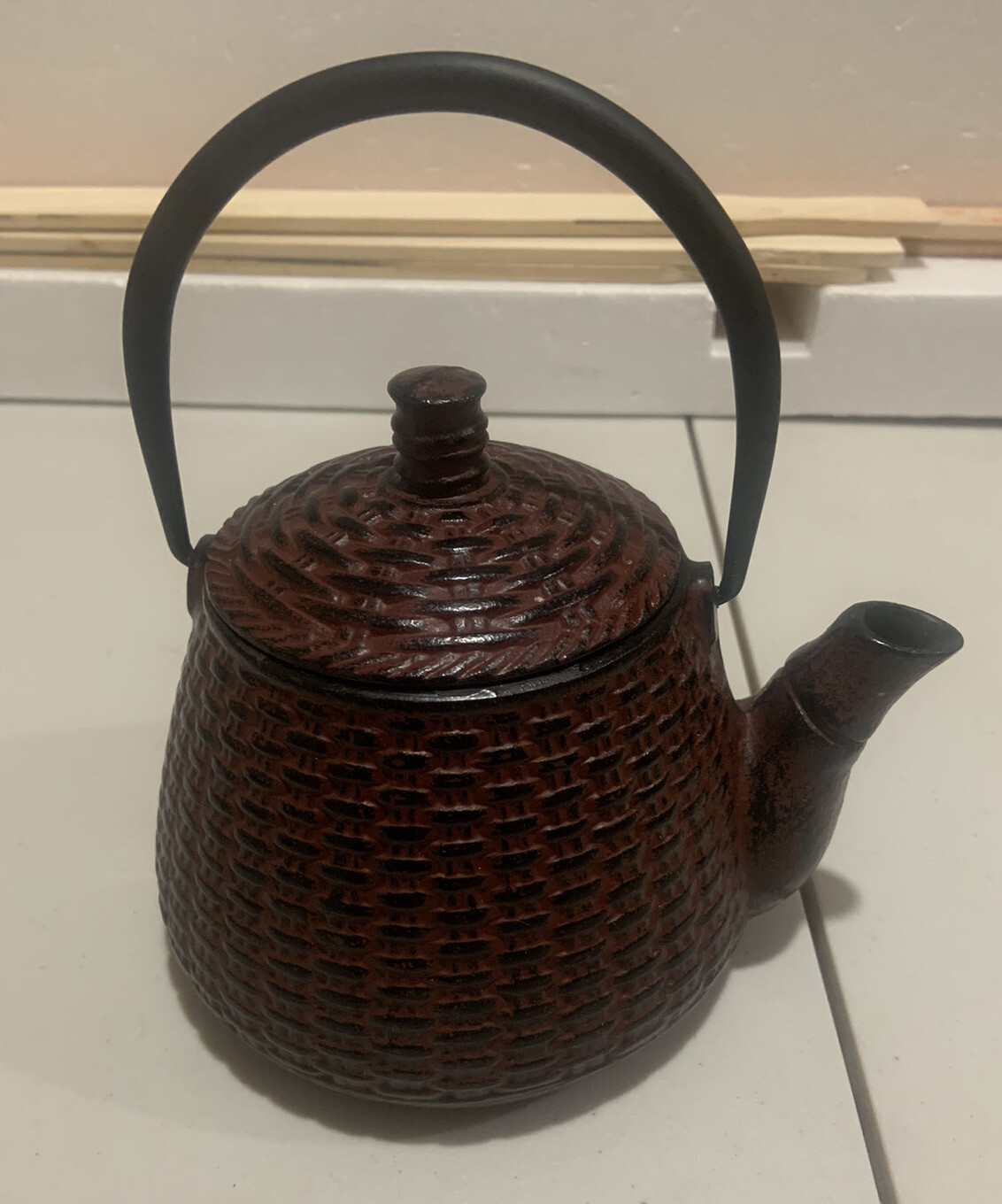 New Cast Iron Reddish Brown Teapot w/Strainer Woven Basket Design ~ 5”x5”