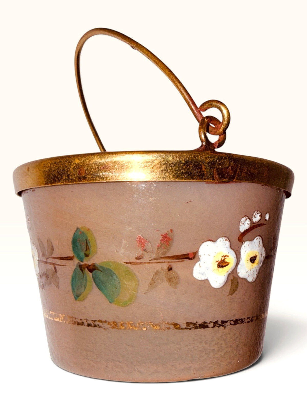 Antique Bristol Glass Bucket Open Salt Dish Cellar Brass Handle Enamel Floral