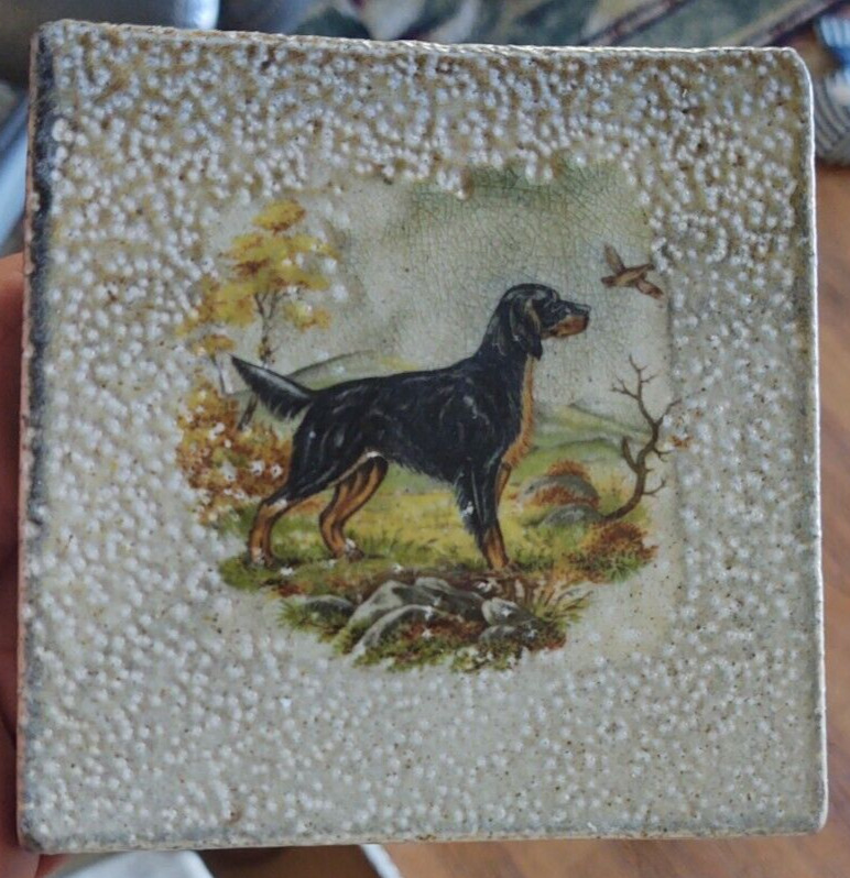 Antique or vintage Pottery Tile Hunting Bird Dog , Coonhound , 4.5 Inches