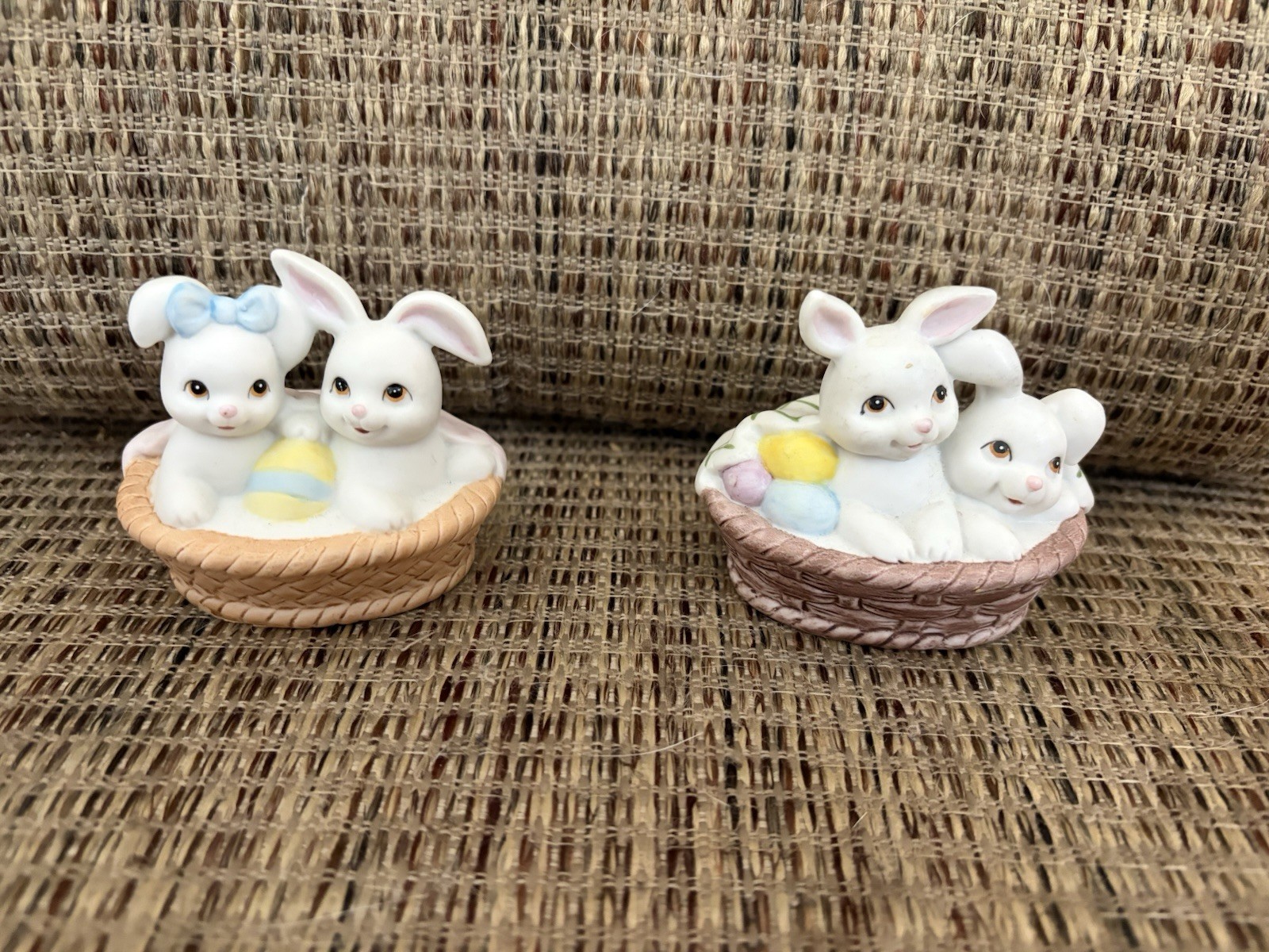 Bisque Ceramic Easter Bunny Rabbit in Basket Figurine lot of 2