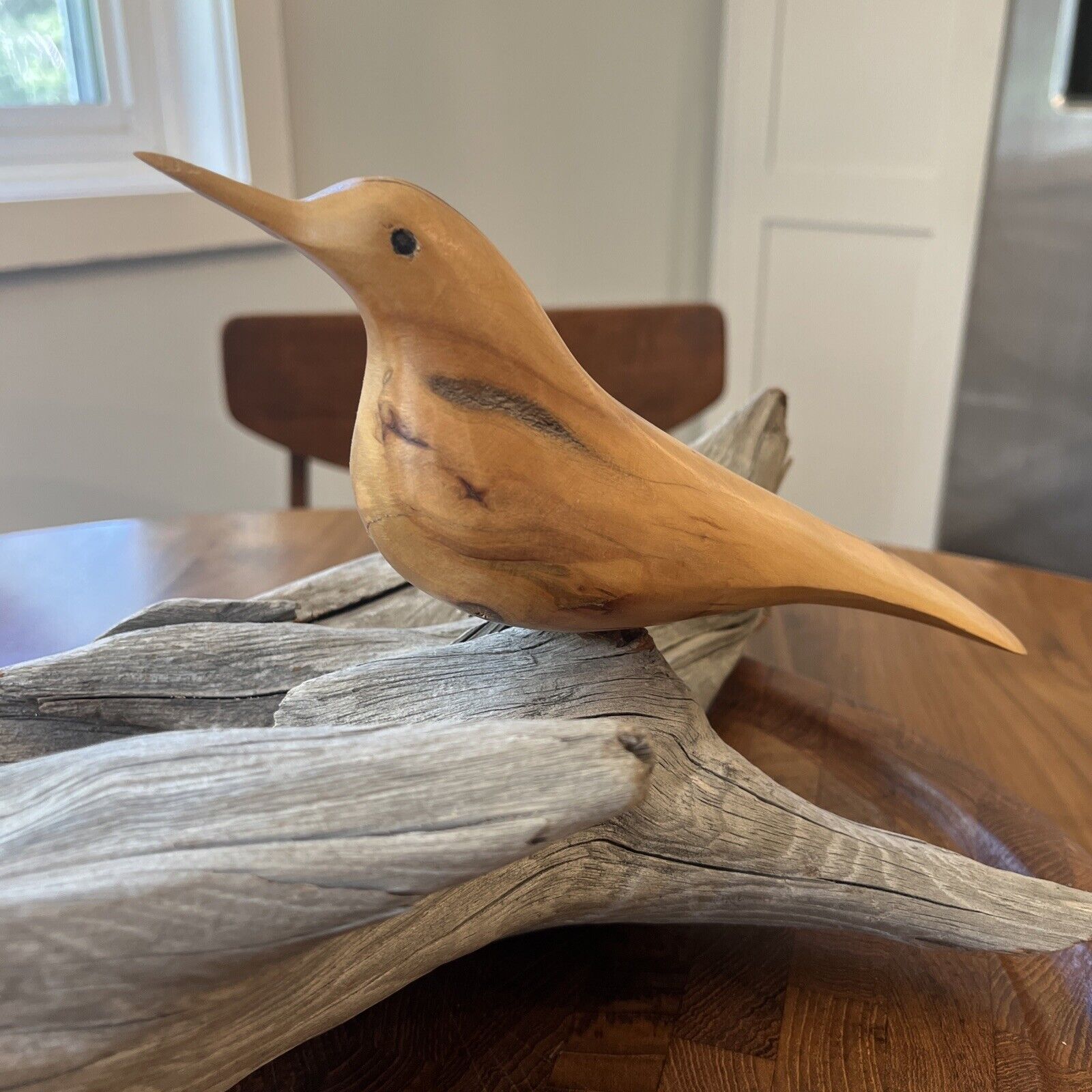 Large Hand carved Light wood bird on Driftwood, 22in long
