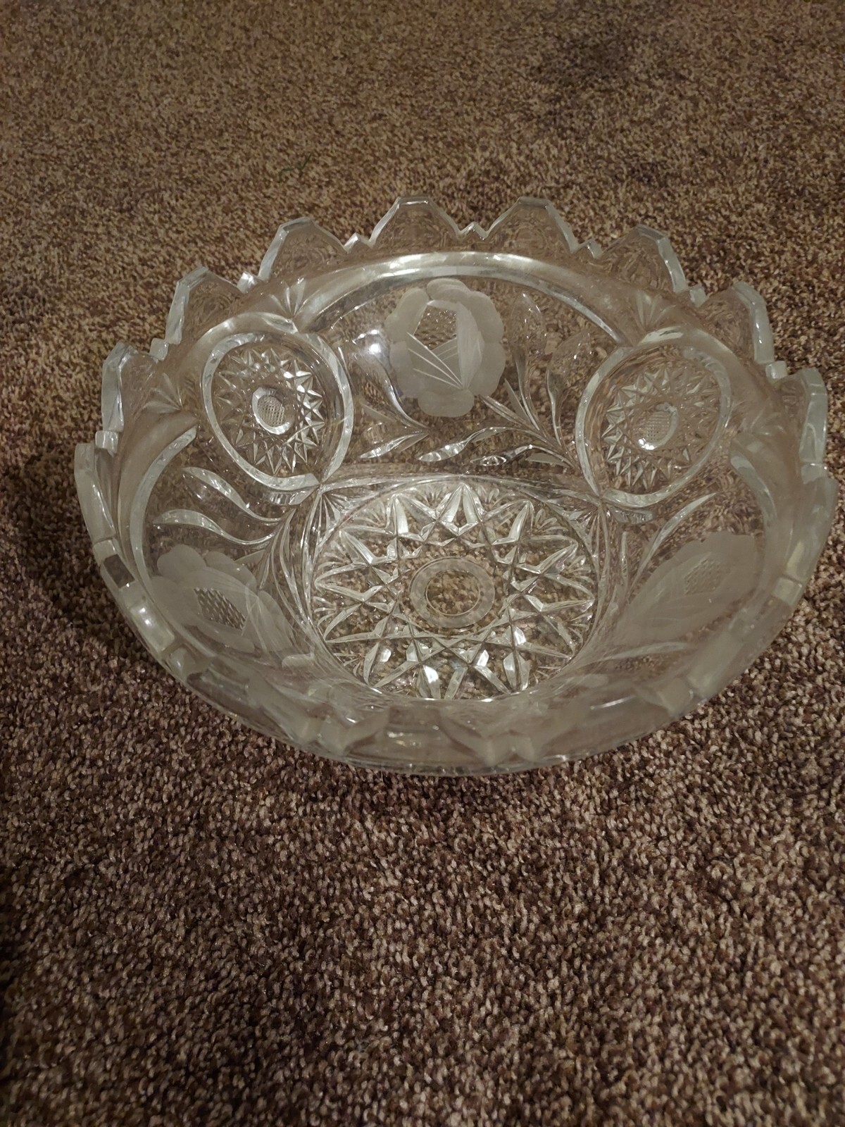 Vintage Crystal Bowl With Flowers Etched Glass 8 1/2 