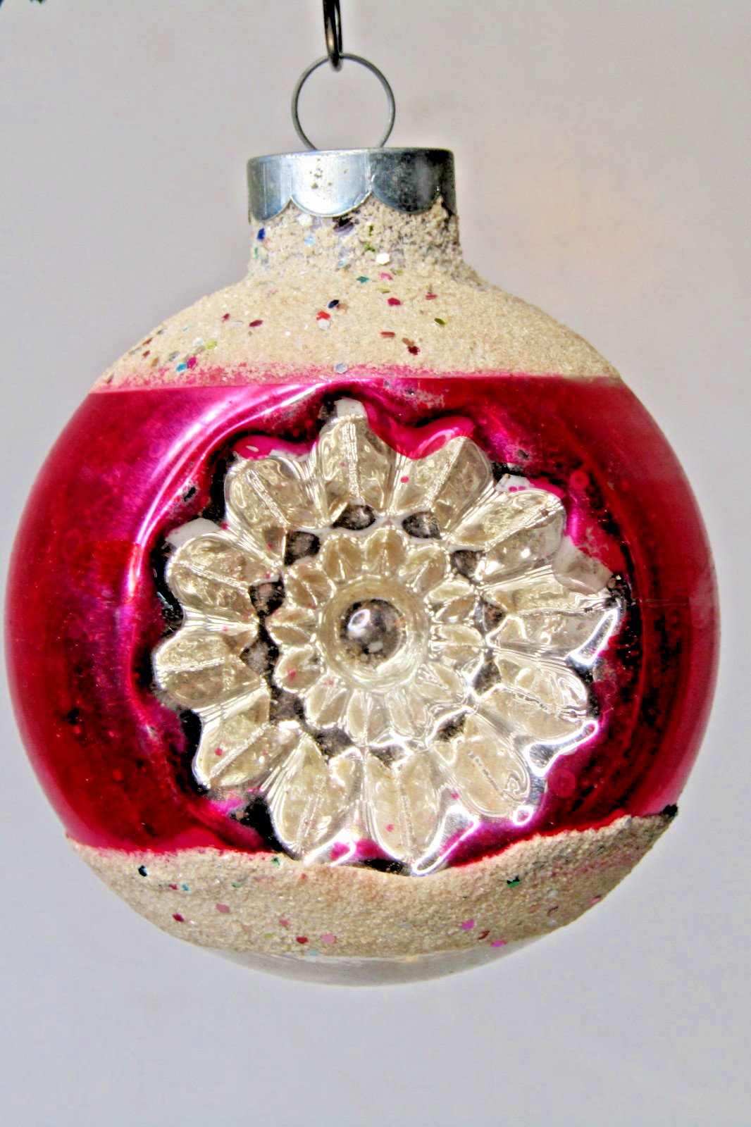 VTG Glass Mica Indent STAR Embossed Confetti BALL Christmas Ornament Franke Red