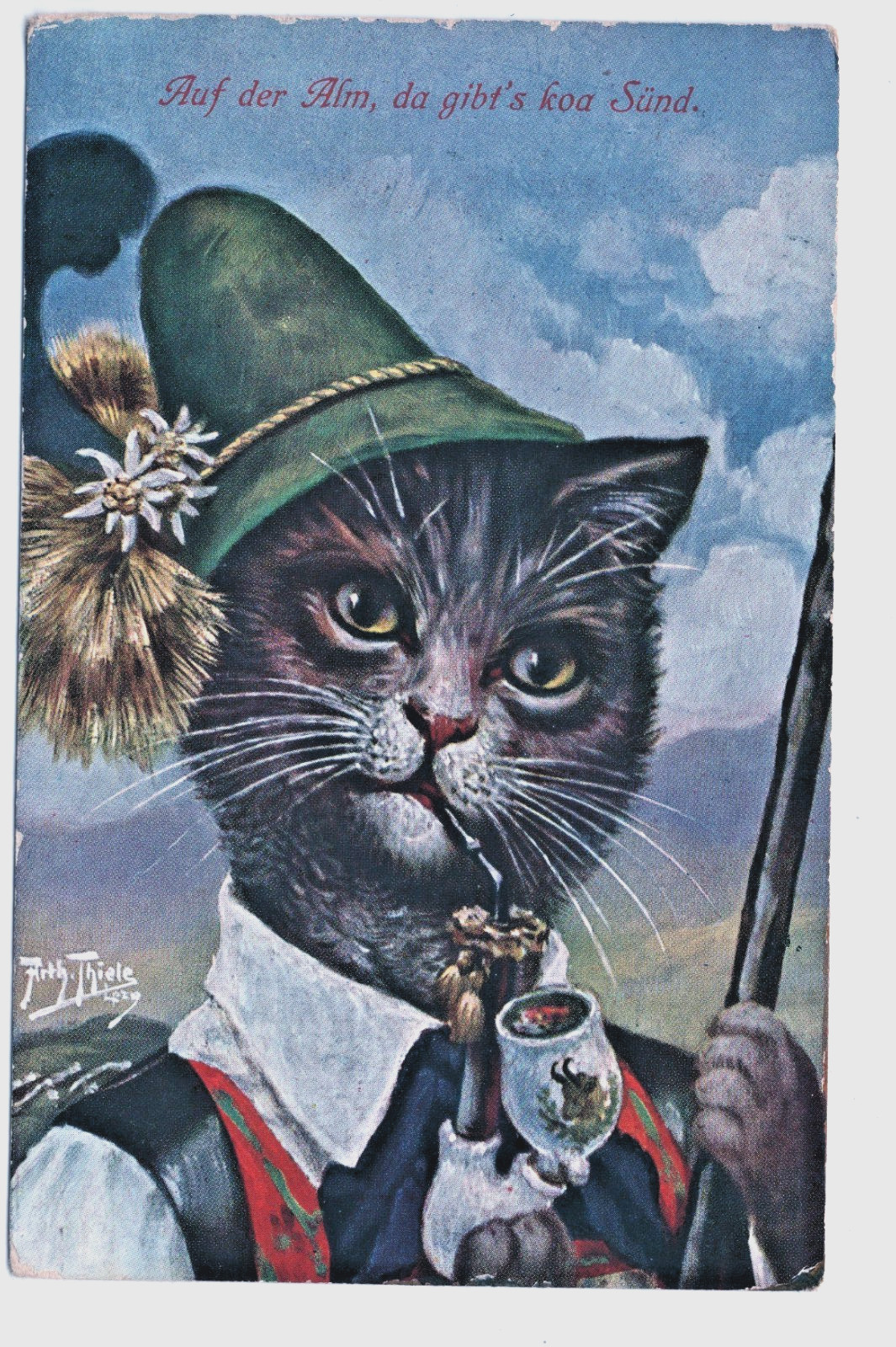 Arthur Thiele Signed Dressed Cat German Smoking Pipe TSN 918 Vintage Postcard