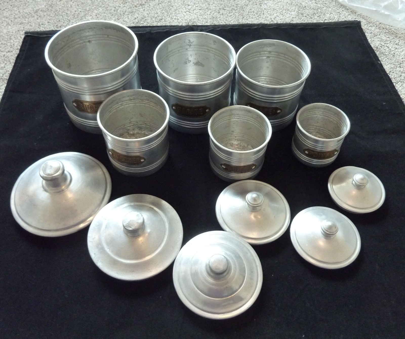 Vintage French Set 6 ALUMINIUM NESTING STORAGE CANISTERS Kitchen Tins with Lids Vintage French Set 6 ALUMINIUM NESTING STORAGE CANISTERS Kitchen Tins with Lids