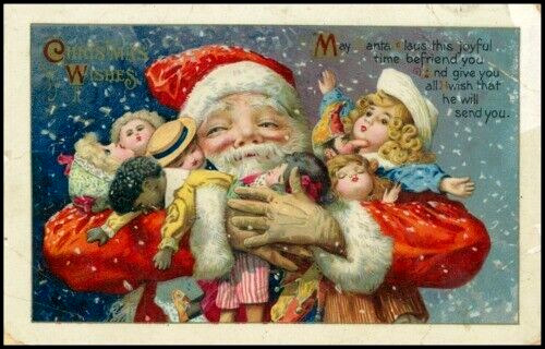 Santa Claus with  Black Doll~Toys~Antique Gel Embossed Christmas Postcard~k-3