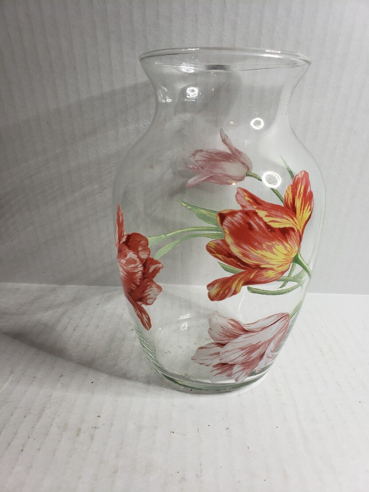 Teleflora Clear Glass Vase w/Tulip Design Hand Painted  Floral Vase