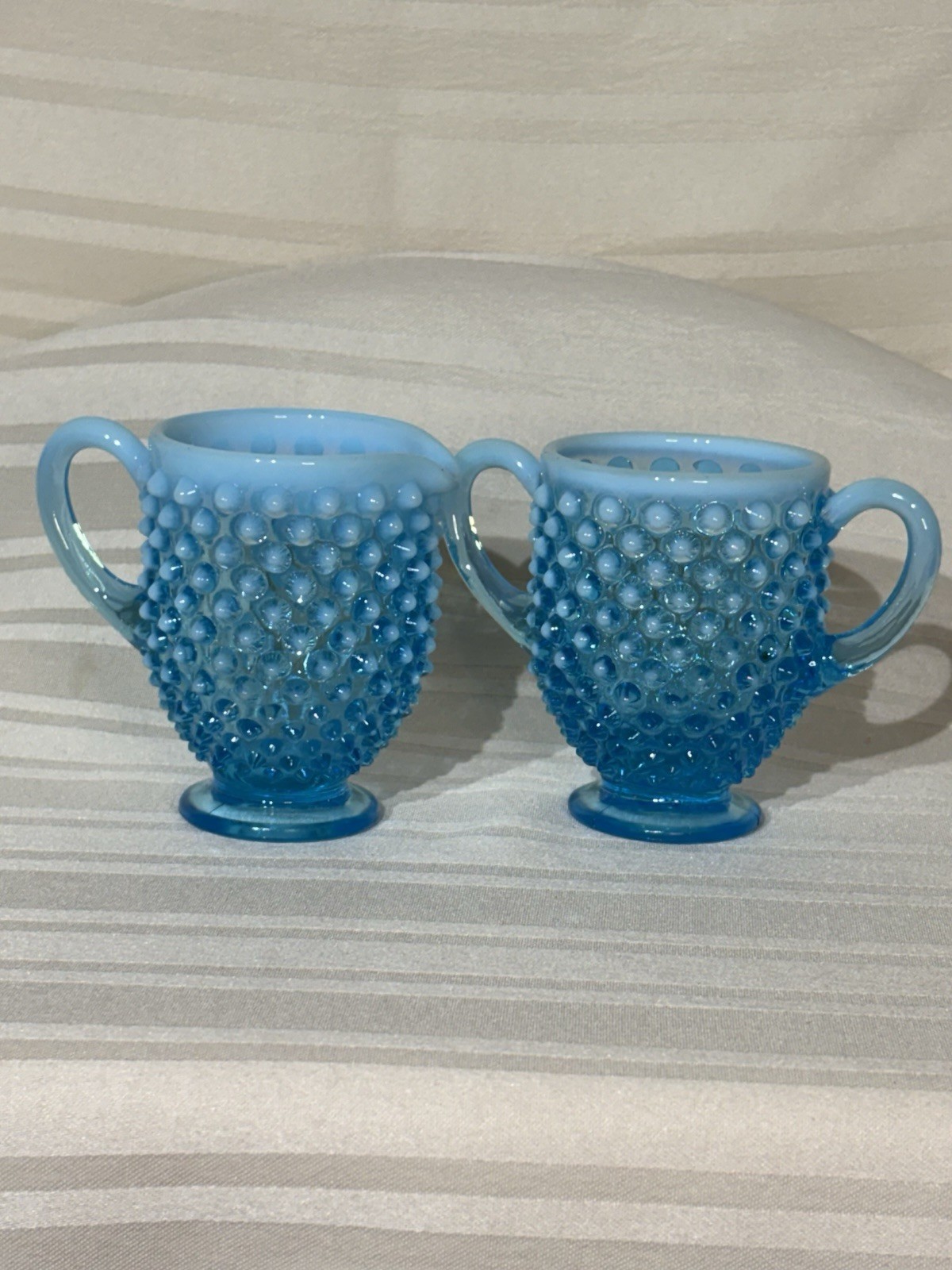 Blue Opalescent Hobnail Sugar and Creamer Set -3.25